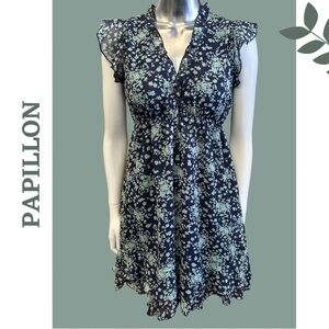 Papillon Floral Print Cap Sleeve V-Neck Dress Ruffle Trim Lined Size Medium